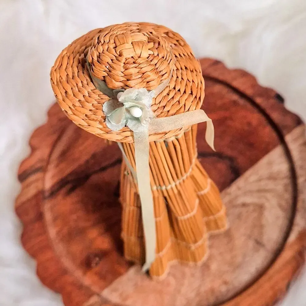 Straw Doll Figurine Woman in Dress Hat Shawl Hand Painted Folk Art Decor